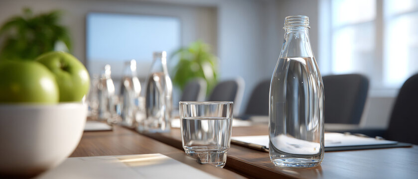 Close-up of a glass and bottle of water on a wooden conference table with blurred green apples and chairs in a bright modern meeting room - Powered by Adobe