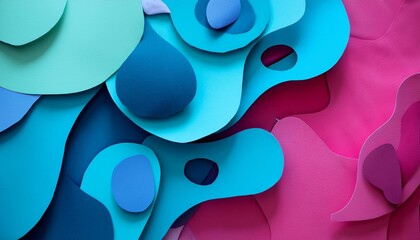 Abstract Blue Turquoise And Magenta Background With Amorphous Shapes And Spots Paper Texture In Flat Organic Design