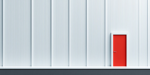 Red door contrasting with a white ribbed metallic wall, representing opportunity, choice, and a distinct path forward