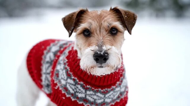 Charming terrier dog in a red and white patterned sweater poses in snow during winter, nose dusted white, captured in a heartwarming outdoor portrait