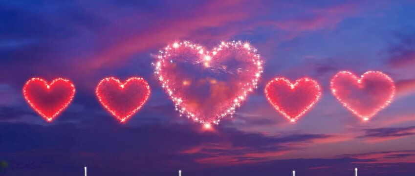 firework celebration love love valentine heart shaped sky realistic video motion