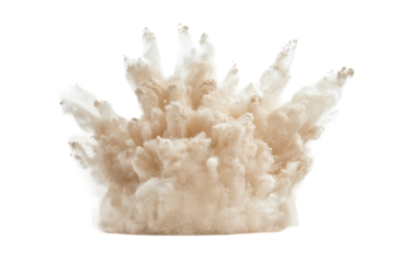 White powder explosion isolated on transparent background. Beige color powder pulver explosion isolated on white background.