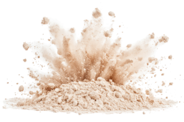 White powder explosion isolated on transparent background. Beige color powder pulver explosion isolated on white background.