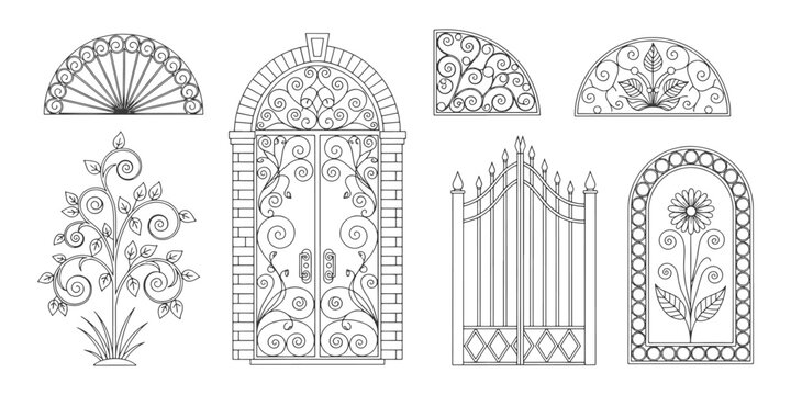 Classic Wrought Iron Gate and Decorative Arch Doorway Line Art Vector Set