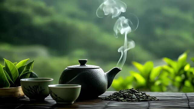 Tea industry. Tea leaves. Plantation. Culture. green tea leaves and teapot on wooden table with bamboo mat backgroundgreen tea ceremony setup with green tea leaves, bamboo mat.
