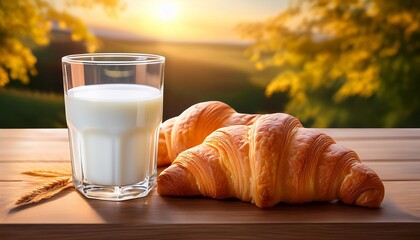 Glass Of Milk And Two Croissants On The Table Sweet Lunch