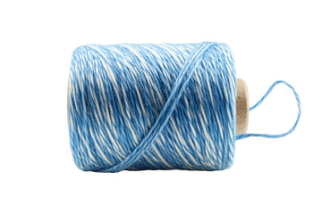 Blue and white twine on a spool isolated on transparent background. Blue striped cotton bakers twine spool isolated on white background.