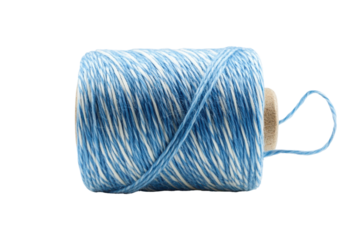 Blue and white twine on a spool isolated on transparent background. Blue striped cotton bakers twine spool isolated on white background.