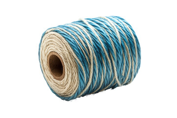 Blue and white twine on a spool isolated on transparent background. Blue striped cotton bakers twine spool isolated on white background.