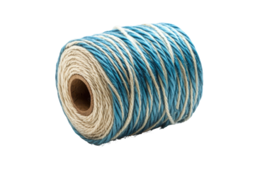 Blue and white twine on a spool isolated on transparent background. Blue striped cotton bakers twine spool isolated on white background.