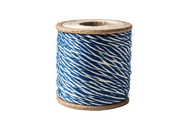 Blue and white twine on a spool isolated on transparent background. Blue striped cotton bakers twine spool isolated on white background.
