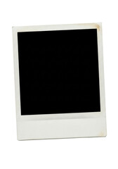 Aged instant photo print like a vintage Polaroid, blank black image, worn off-white border, soft shadows on transparent background, concept of nostalgia and memory