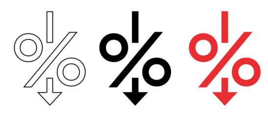 A white and red percent sign with an arrow pointing downwards on transparent background