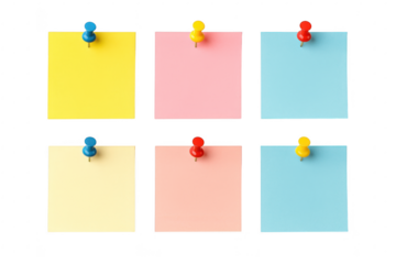 Vibrant collection of colorful blank sticky notes pinned for reminders and organization isolated on transparent background