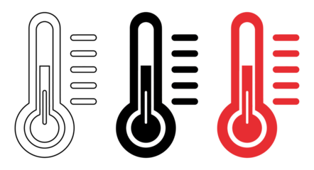 A temperature icon set with hot and cold thermometers on transparent background