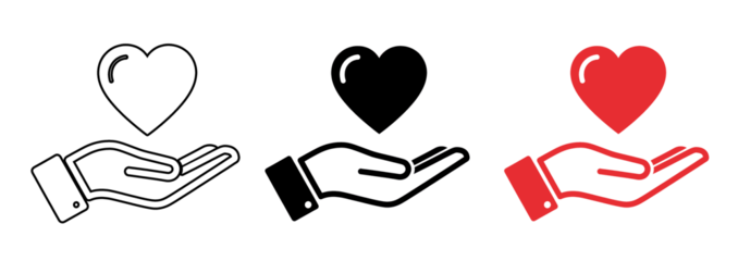 A graphic illustration of hands holding hearts on transparent background