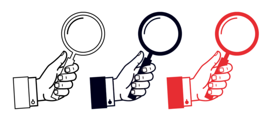 A graphic illustration of three hands holding magnifying glasses in white, blue, and red on transparent background