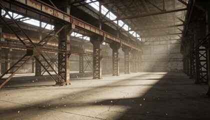 Abandoned Industrial Warehouse with Dust and Sunlight Beams