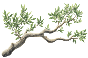 Twisted olive tree branch with leaves isolated on transparent background. Branch of a olive tree with leaves isolated on white background.