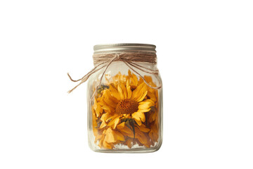 Glass jar filled with dried orange flowers tied with twine isolated on transparent background. Bright sunflowers in a glass jar with twine isolated on white background.