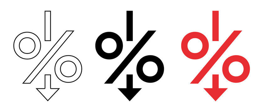 A white and red percent sign with an arrow pointing downwards on transparent background