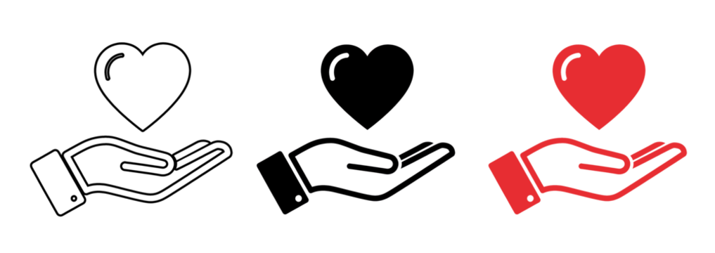 A graphic illustration of hands holding hearts on transparent background - Powered by Adobe