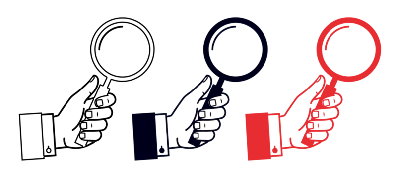 A graphic illustration of three hands holding magnifying glasses in white, blue, and red on transparent background - Powered by Adobe