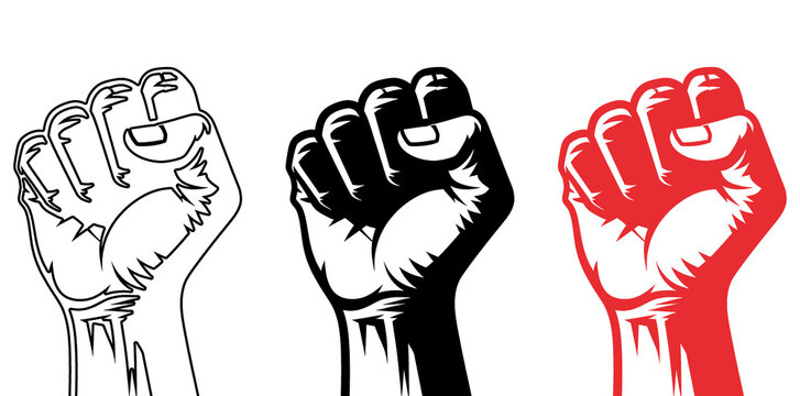 A powerful illustration of two raised fists in black and red on transparent background