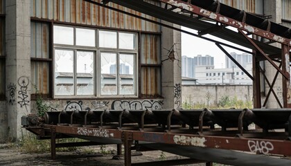 Fototapeta premium Industrial Abandoned Space with Conveyor Belt and Broken Windows