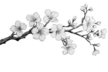 Delicate white cherry blossom branch isolated on transparent background. Cherry blossom branch with sakura flower isolated on white background.