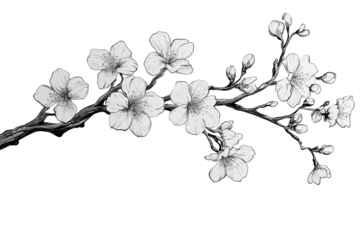Delicate white cherry blossom branch isolated on transparent background. Cherry blossom branch with sakura flower isolated on white background.