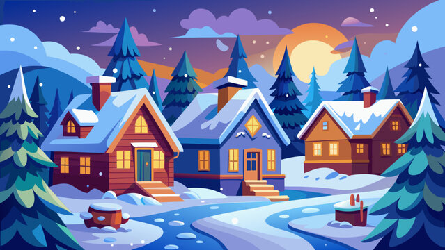 Cozy winter village scene with snow-covered houses and pine trees under a warm sunset