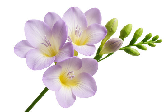 Elegant light purple freesia flowers with vibrant yellow centers and green buds on a stem isolated on transparent background