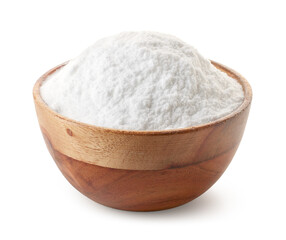 Wooden bowl of baking soda powder on white background