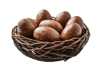 Chocolate easter eggs in a nest isolated on transparent background. Chocolate Easter eggs arranged in a decorative basket isolated on white background.