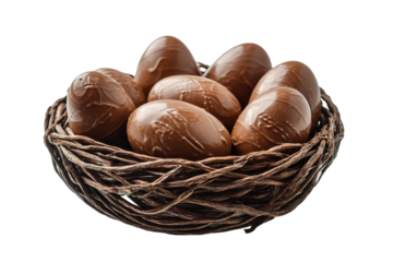 Chocolate easter eggs in a nest isolated on transparent background. Chocolate Easter eggs arranged in a decorative basket isolated on white background.