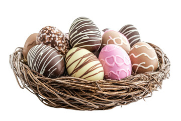 Chocolate easter eggs in a nest isolated on transparent background. Chocolate Easter eggs arranged in a decorative basket isolated on white background.