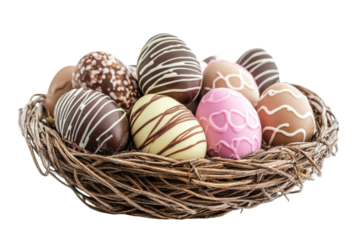 Chocolate easter eggs in a nest isolated on transparent background. Chocolate Easter eggs arranged in a decorative basket isolated on white background.