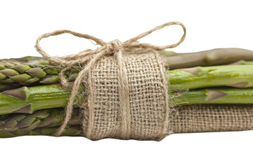 Bundle of fresh green asparagus tied with twine isolated on transparent background. Close-up of a fresh raw asparagus bunch tied with a burlap twine isolated on a white background.
