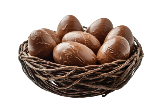 Chocolate easter eggs in a nest isolated on transparent background. Chocolate Easter eggs arranged in a decorative basket isolated on white background. - Powered by Adobe
