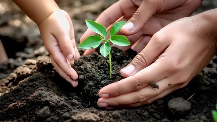 A closeup image of two hands holding a young plant. The hands are positioned in a way that suggests nurturing or care. The plant is sprouting from the soil.