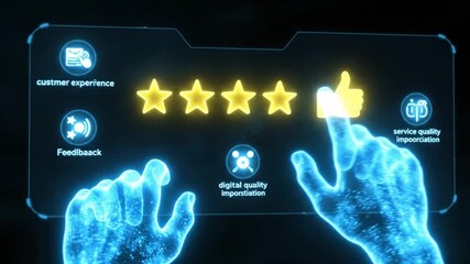 User provides positive feedback online with a five-star rating and a thumbs up icon. The focus is customer satisfaction and improving service quality