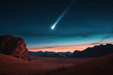 A bright star falls across the night sky over a desert landscape.