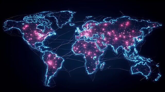 A digital artwork of a world map, rendered in neon blue and pink hues against a dark background. The map is adorned with intricate network lines and dots, creating a sense of depth and dimension.