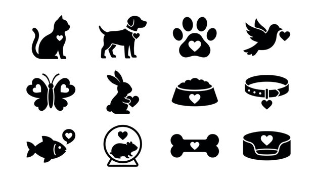 Pet and animal love silhouette icons set