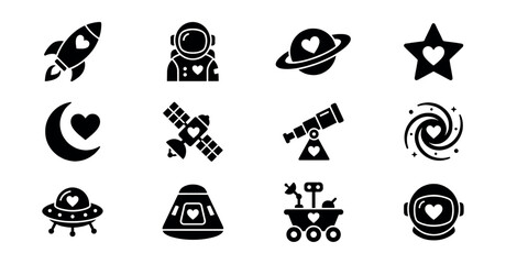Space-themed icons with heart elements