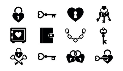 Heart lock and key black and white icons set