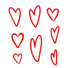 Set of red hearts in different pose. Collection of heart illustration with doodle style.