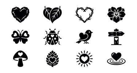 Heart-shaped nature minimalist icons set