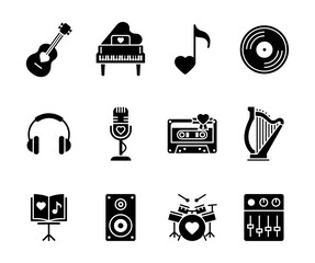 Music and love black and white icon set